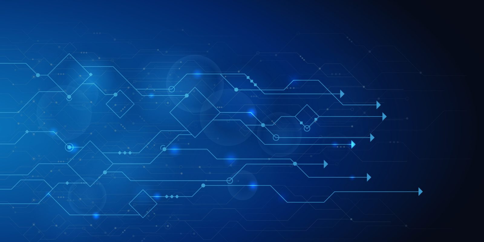 Abstract blue background featuring digital circuit lines and arrows pointing right, symbolizing technology, data flow, and innovation—perfect for illustrating a Microsoft D365 Business Central Upgrade with geometric shapes and glowing light effects.