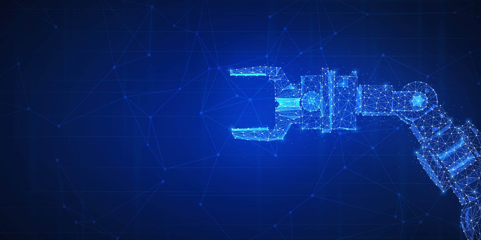 A digital illustration of a robotic arm made of glowing blue lines and dots, resembling a wireframe model, set against a dark blue background with abstract geometric network patterns.