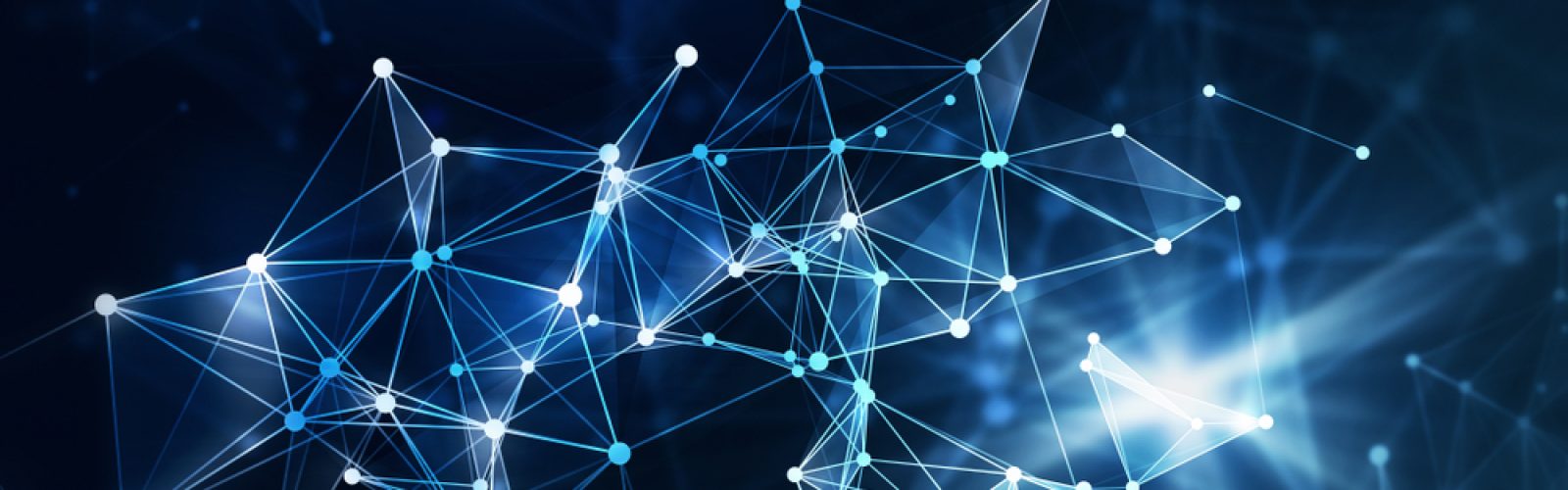 Abstract image of interconnected lines and glowing nodes forming a network on a dark blue background, visually symbolizing technology, data flow, or the complexity of developing an effective supply chain strategy.