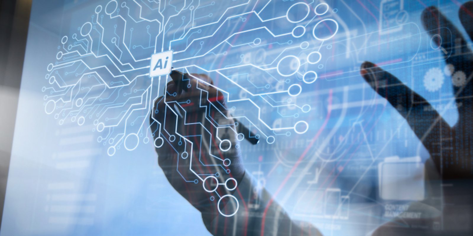 A hand draws on a transparent screen displaying digital circuit lines connected to a central Logistics AI chip, with blue-toned technology and data graphics in the background.