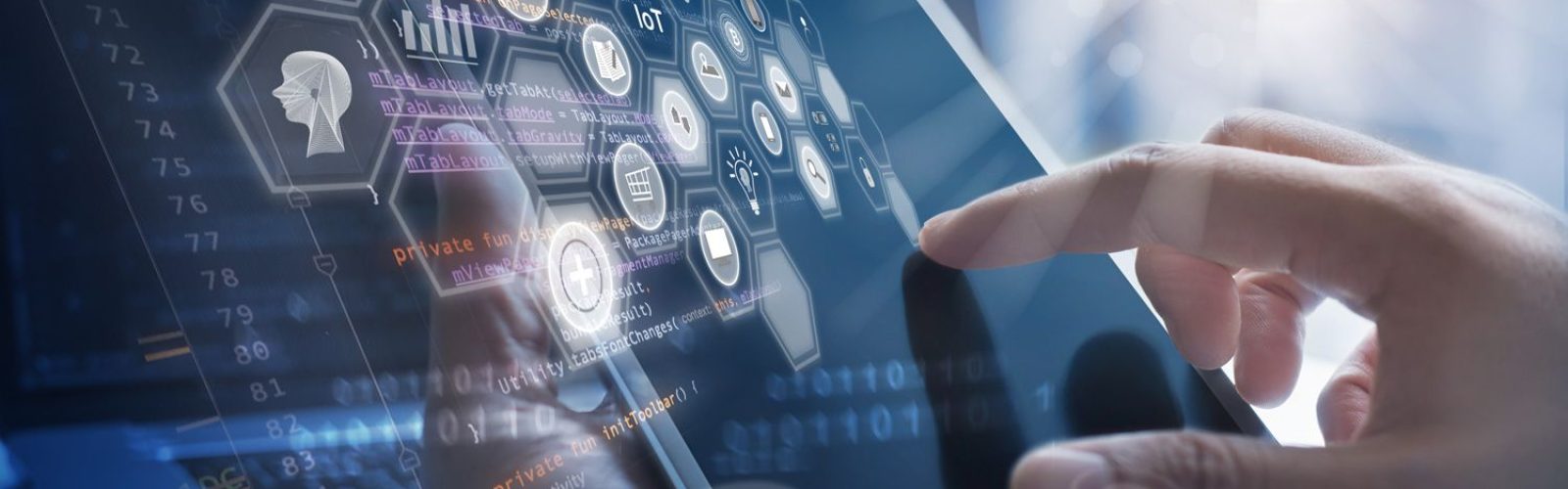 A person interacts with a tablet displaying digital icons and data graphics, with a futuristic interface overlay representing technology, cloud computing, and artificial intelligence concepts.