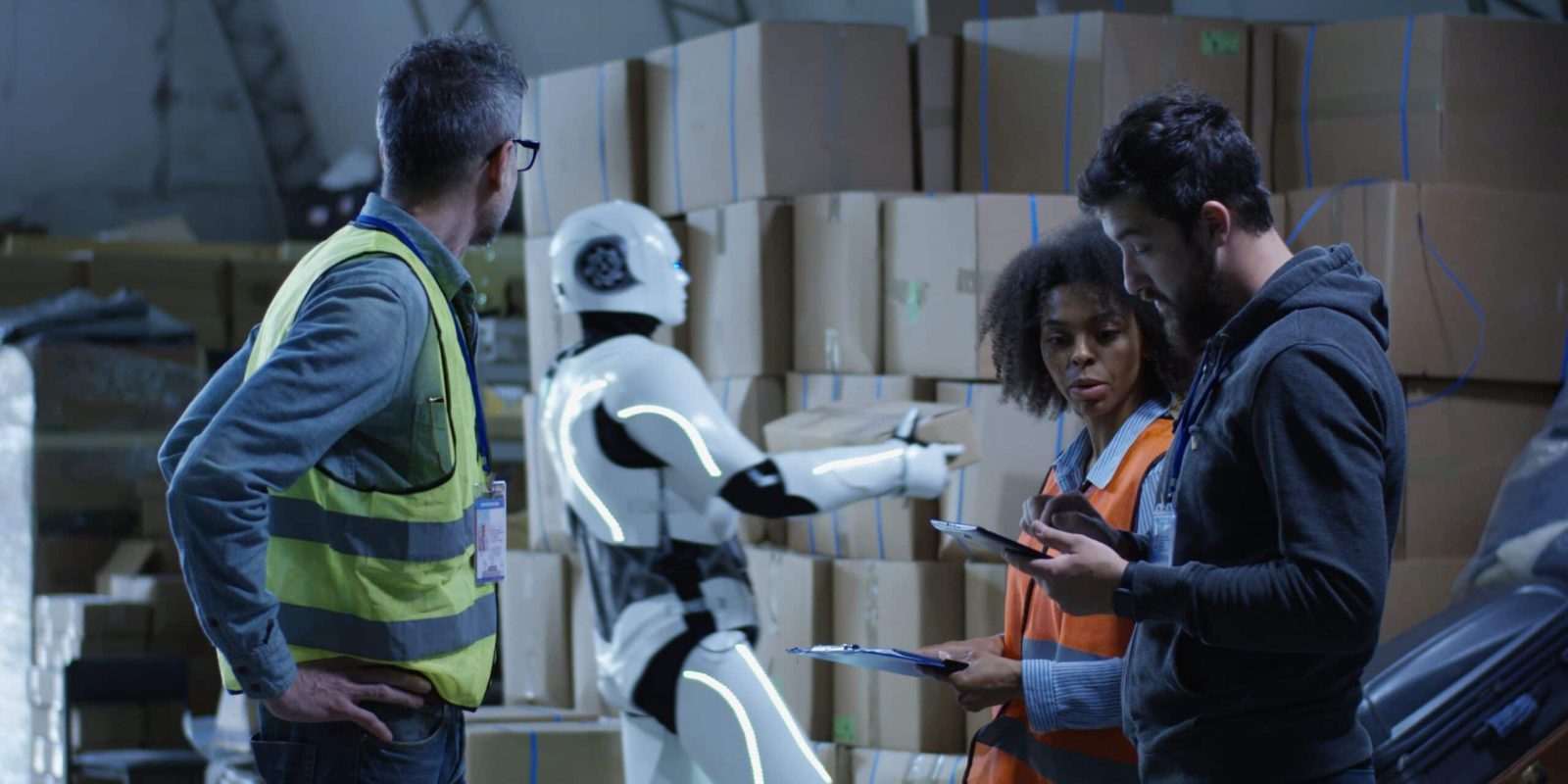 Three warehouse workers, two men and one woman, stand in front of stacked cardboard boxes. A humanoid robot is also present, appearing to work or organize boxes alongside them.