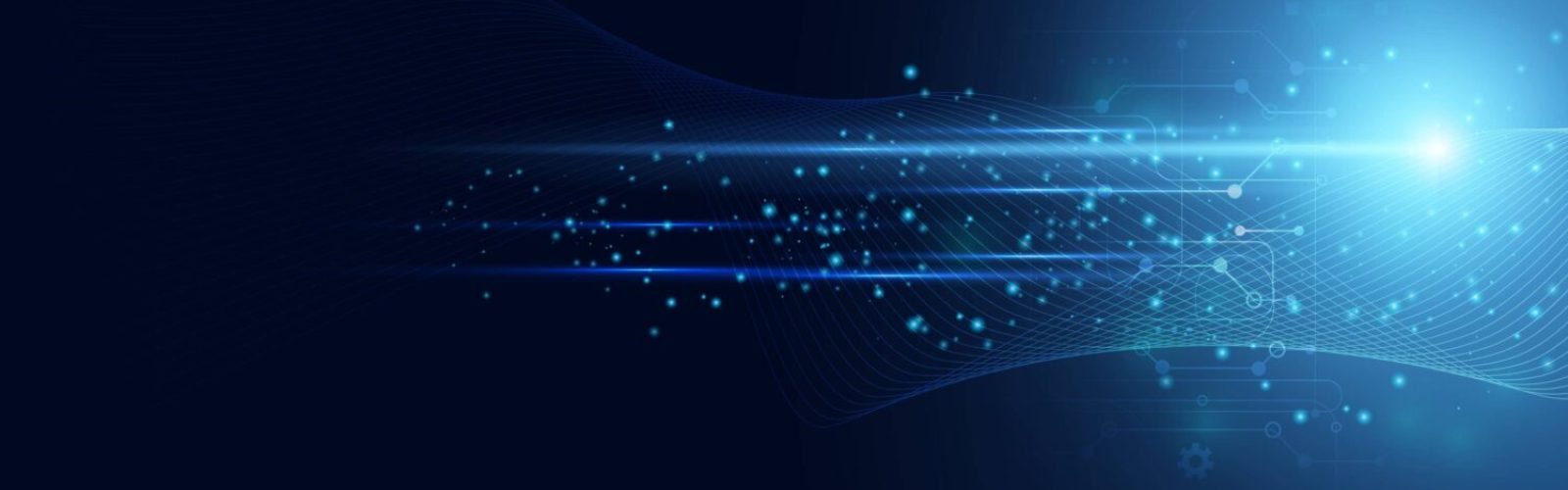 Abstract digital background with blue light streaks, glowing particles, and circuit-like patterns on a dark blue gradient, evoking technology solutions, speed, and seamless data flow.