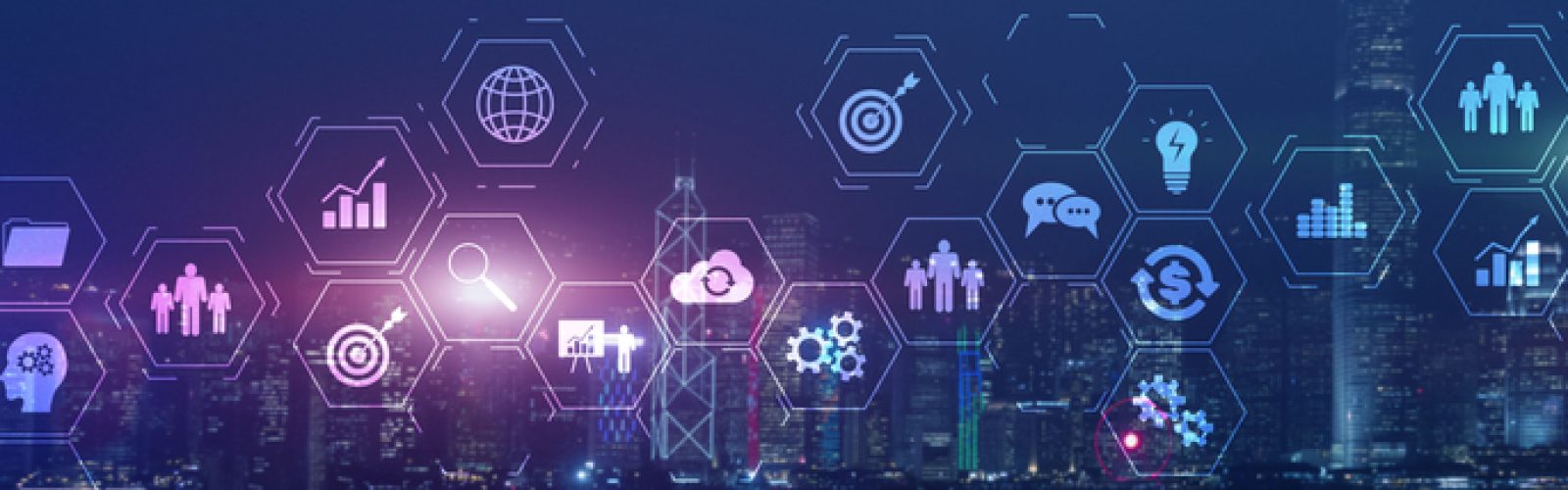 Hexagonal icons representing Microsoft ERP, technology, and business concepts are overlaid on a nighttime city skyline with glowing lights. The icons include gears, graphs, globes, targets, light bulbs, and people.