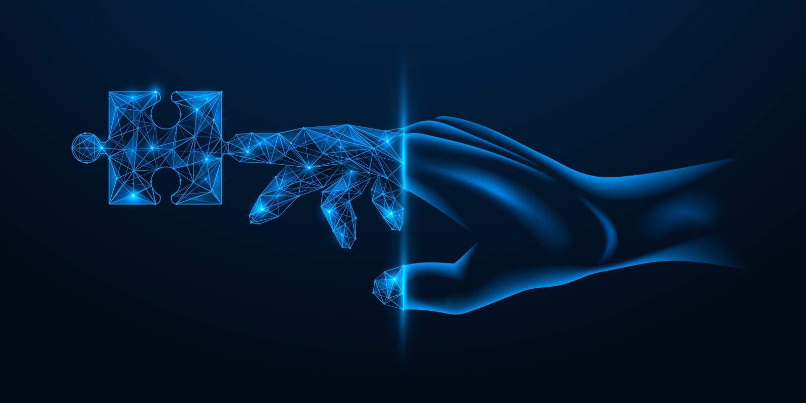 A digital illustration of a glowing hand made of blue lines and polygons touches a similarly styled puzzle piece, symbolizing managed detection and response or problem-solving against a dark blue background.