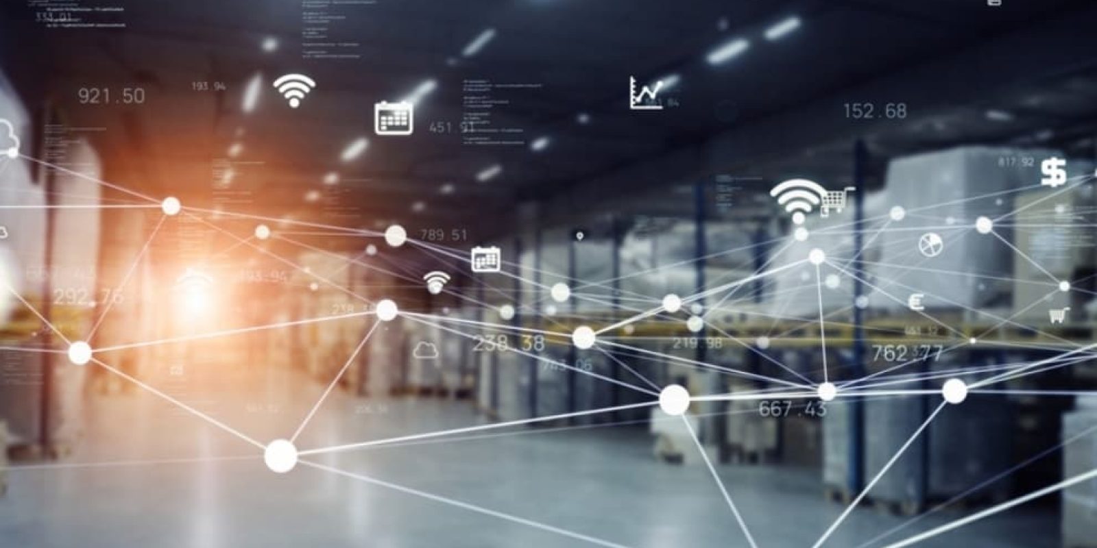 A warehouse with shelves and boxes is overlaid with digital icons and network lines, illustrating data, connectivity, and supply chain automation through smart technology integration in logistics.