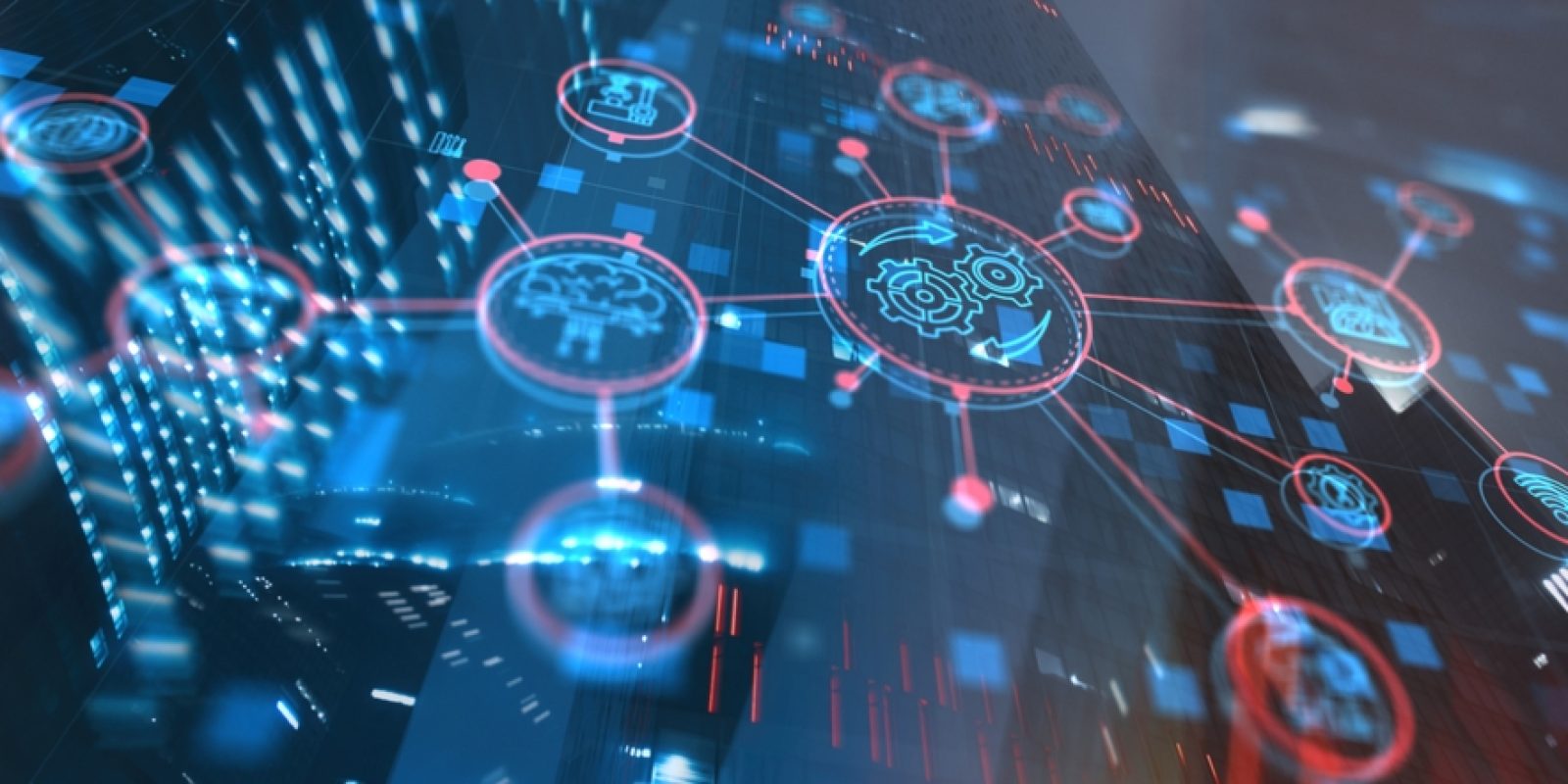 A digital illustration of interconnected technology icons, such as gears and cloud, overlaid on a cityscape at night, symbolizing concepts like automation, networking, and smart technology.