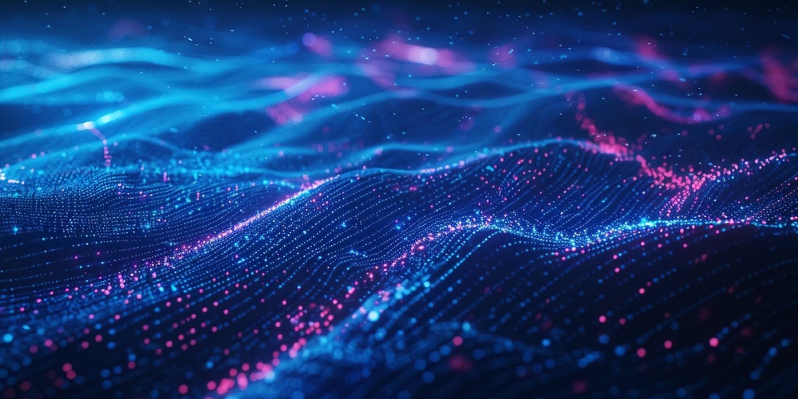 A digital illustration of abstract, glowing blue and pink waves, resembling a data network or energy field—ideal for visualizing concepts like wireless assessment—with numerous light particles scattered across a dark background.