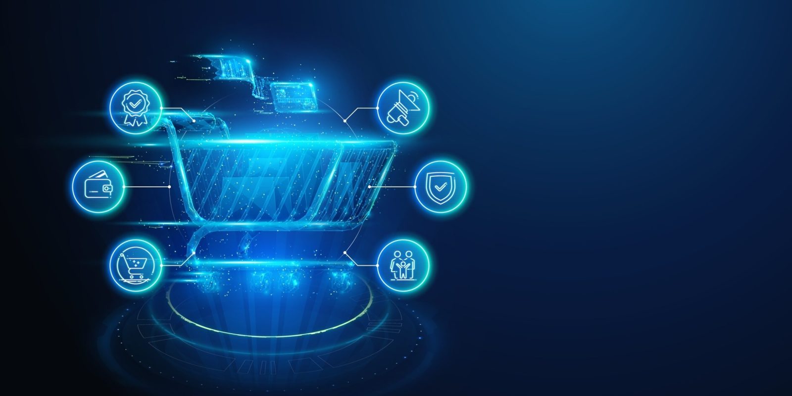 A glowing digital shopping cart surrounded by floating icons, including a certificate, megaphone, shield, group of people, payment card, and an online shopping symbol, illustrates supply chain optimization against a dark blue background.