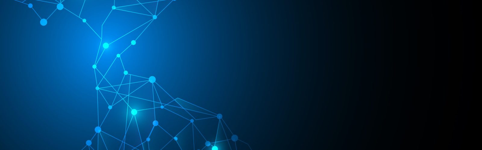 Blue glowing network of interconnected dots and lines on a dark background, forming a digital, abstract, and slightly hourglass-shaped pattern with bright nodes and fading edges.