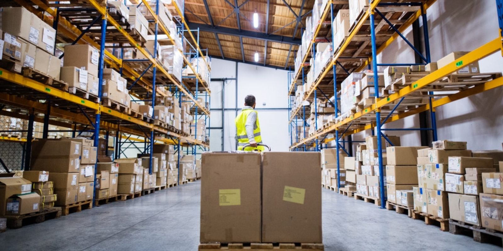 A worker in a high-visibility vest stands in a large ab701 warehouse filled with stacked boxes on shelves, with two large boxes on a pallet in the foreground.