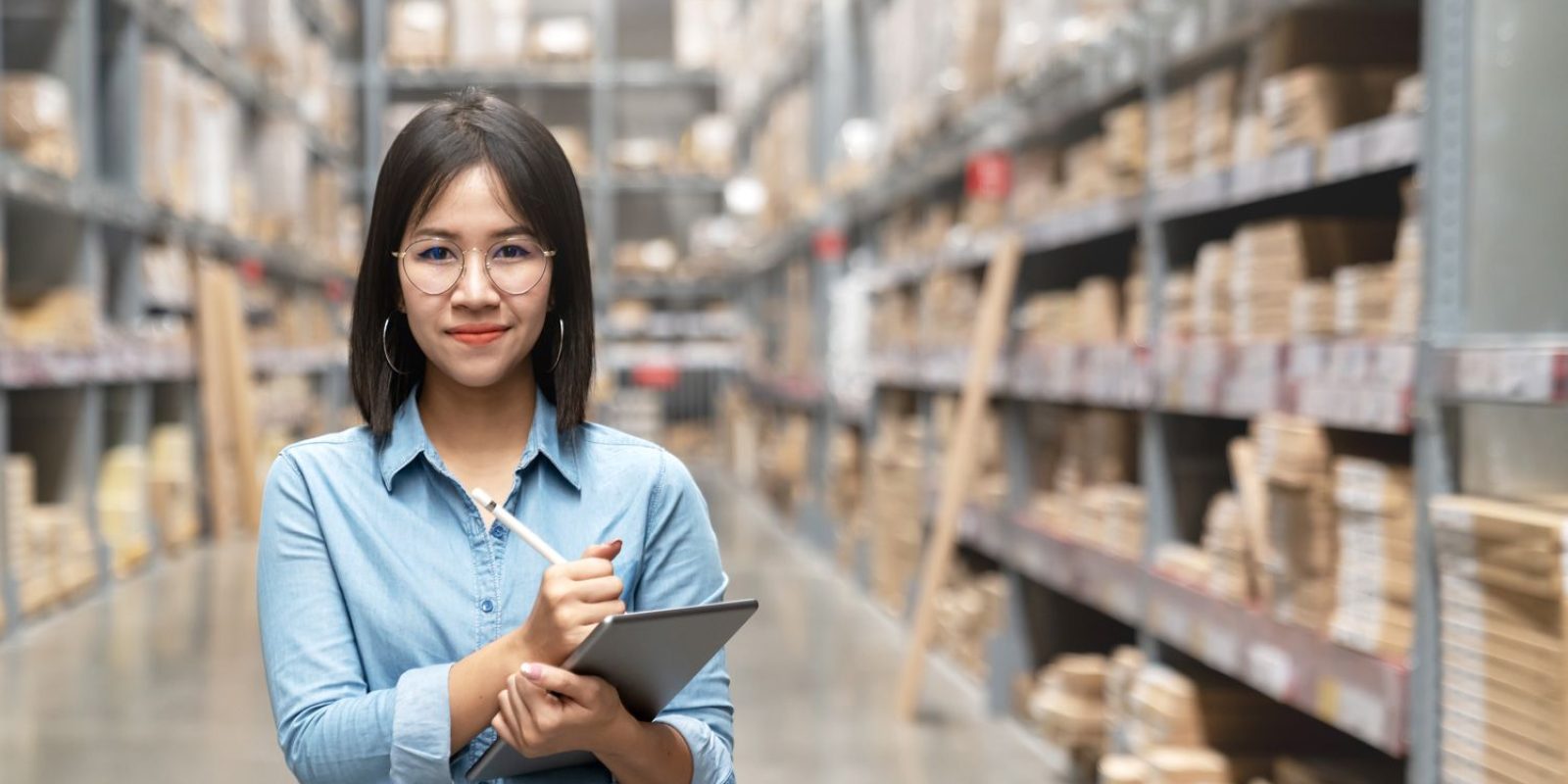 A woman with glasses and a blue shirt stands in a warehouse, holding a clipboard and pen, smiling at the camera. Shelves filled with boxes and supplies suggest efficient inventory management with Dynamics 365 Business Central.