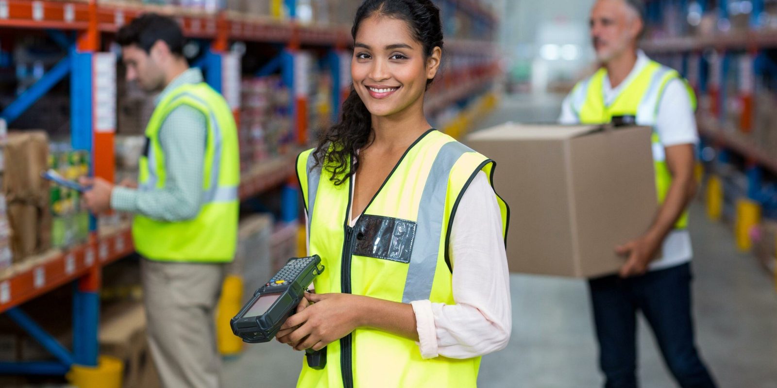 Smiling woman in a yellow safety vest holds a barcode scanner in a warehouse, while two coworkers organize and carry boxes in the background. Shelves with various items line both sides.